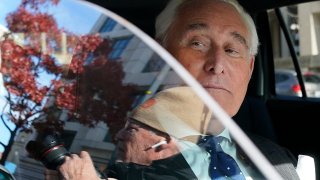 Roger Stone is pictured in a car after leaving federal court in Washington.