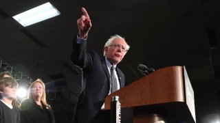 Democratic presidential candidate Sen. Bernie Sanders addresses supporters during his caucus night watch party on February 03, 2020 in Des Moines, Iowa.