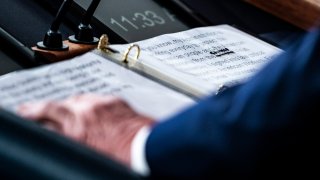 President Donald Trump's notes shows where "Corona" was crossed out and overwritten with "Chinese" in reference to the coronavirus during a briefing in the James S. Brady Press Briefing Room at the White House, March 19, 2020, in Washington, D.C.