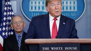 President Donald Trump addresses the media