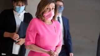 Speaker of the House Nancy Pelosi, D-Calif., leaves her news conference in the Capitol Visitor Center on Thursday, June 4, 2020.