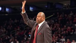 Head coach Patrick Ewing of the Georgetown Hoyas signals to his players during the Big East Conference Men's Basketball Tournament