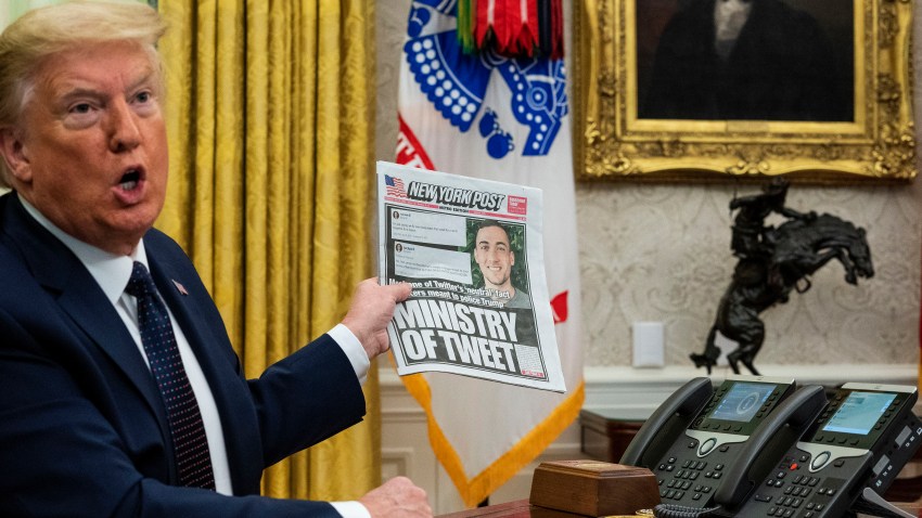 U.S. President Donald Trump speaks in the Oval Office before signing an executive order related to regulating social media on May 28, 2020 in Washington, DC. Trump's executive order could lead to attempts to punish companies such as Twitter and Google for attempting to point out factual inconsistencies in social media posts by politicians.