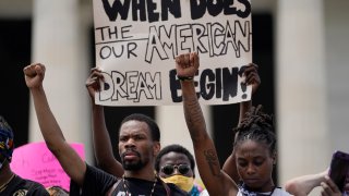 Demonstrators gather at the Lincoln Memorial during a protest against police brutality and racism takes place on June 6, 2020 in Washington, DC.