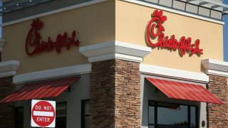 In this file photo, the signs of a Chick-fil-A are seen July 26, 2012 in Springfield, Virginia.