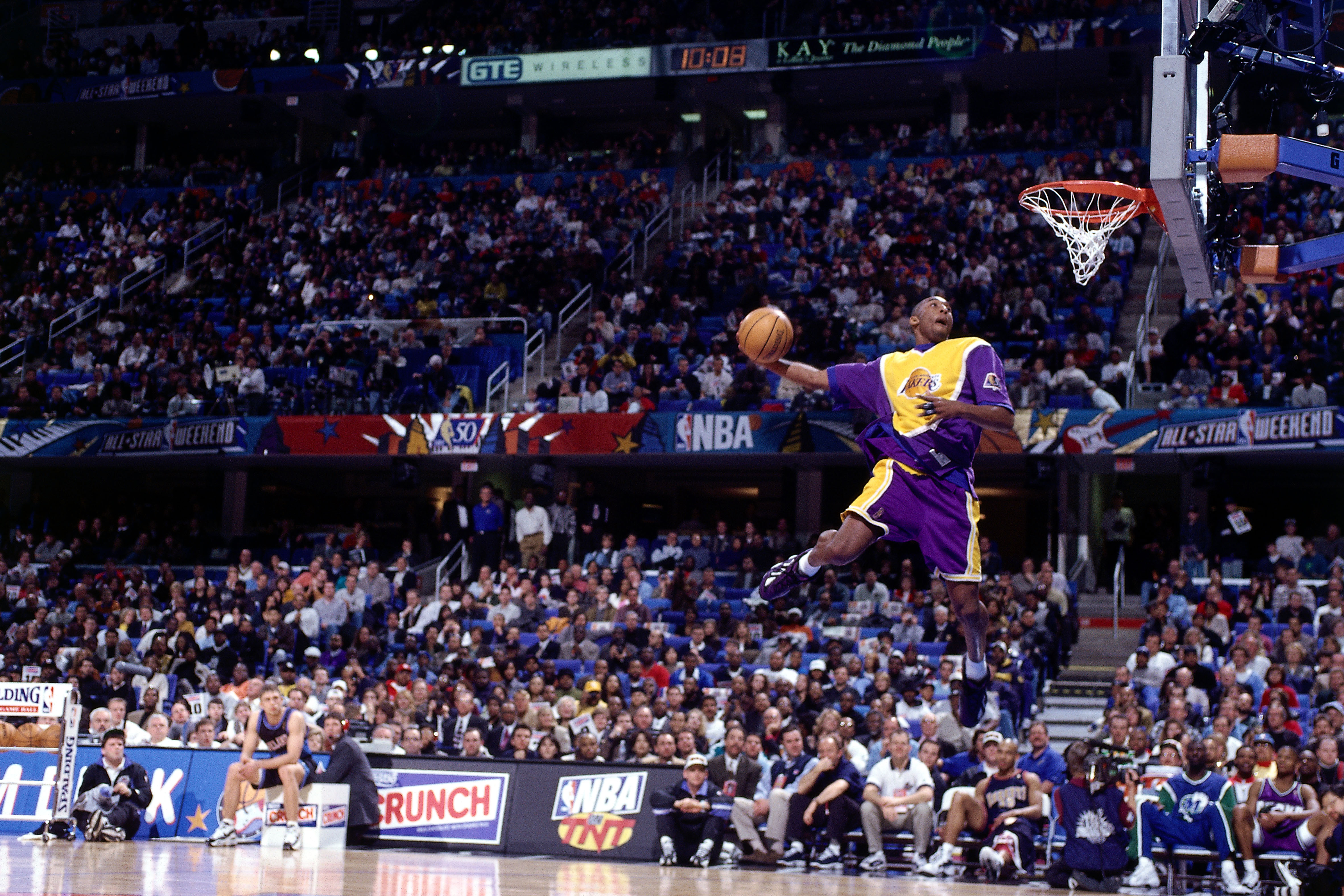 Kobe Bryant #8 of the Los Angeles Lakers goes up for one of his slam dunks that won first place in the NBA All-Star Slam Dunk Contest at Gund Arena on February 8, 1997 in Cleveland, Ohio.