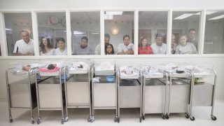 New parents watching babies in hospital nursery