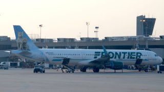 A Frontier Airlines jet at Philadelphia International Airport on June 1, 2018, in Philadelphia, Pennsylvania.