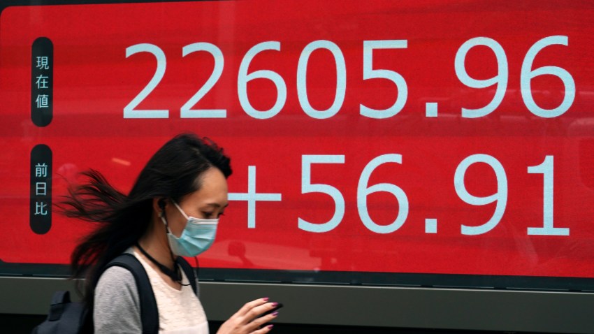 A woman walks past an electronic stock board showing Japan's Nikkei 225 index at a securities firm in Tokyo Wednesday, June 24, 2020.