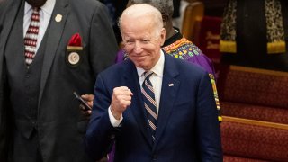 Democratic presidential candidate former Vice President Joe Biden gestures as he departs after attending services, Sunday, Feb. 23, 2020, at the Royal Missionary Baptist Church in North Charleston, S.C.