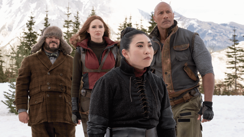 Jack Black, Karen Gillan, Dwayne Johnson and Awkwafina star in “Jumanji: The Next Level.”