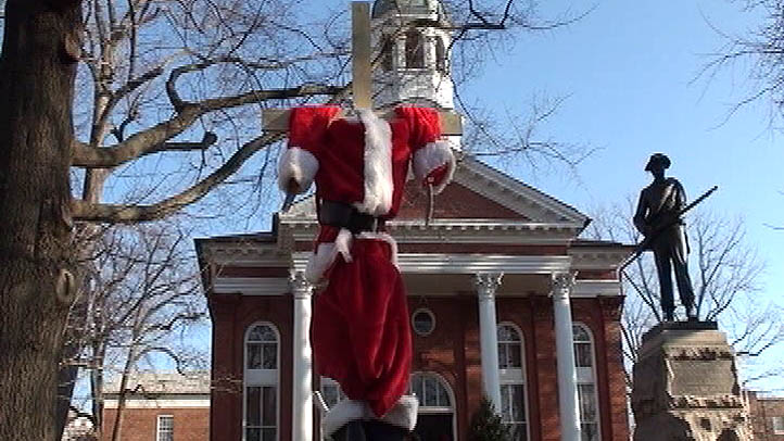 Loudoun County Courthouse Beheaded Skeleton Santa on a Cross