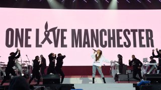 In this June 4, 2017, file photo, Ariana Grande performs on stage during the One Love Manchester Benefit Concert at Old Trafford in Manchester, England.
