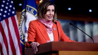 House Speaker Nancy Pelosi, D- Calif., speaks during a news conference on Capitol Hill, April 24, 2020, in Washington.