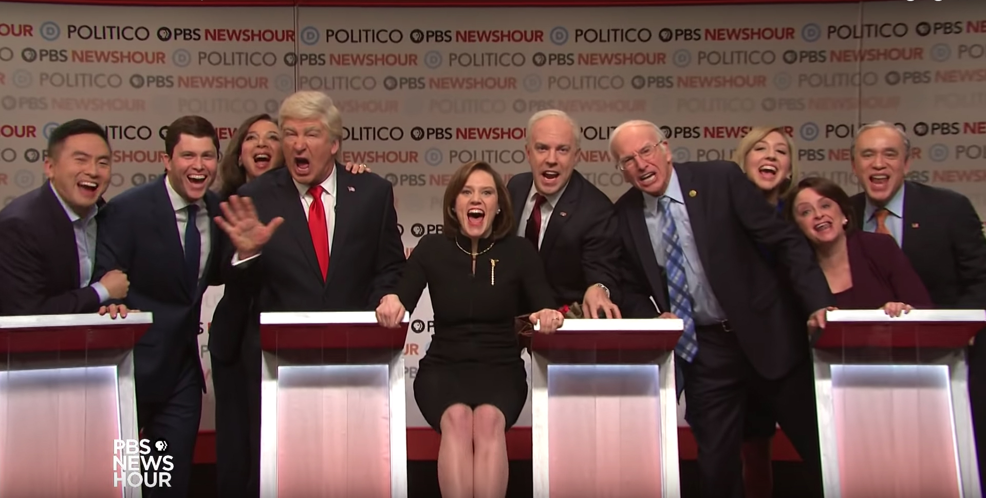 The “Saturday Night Live” cast performs during the Cold Open for the Dec. 21, 2019, episode. Eddie Murphy hosted and Lizzo was the musical guest.