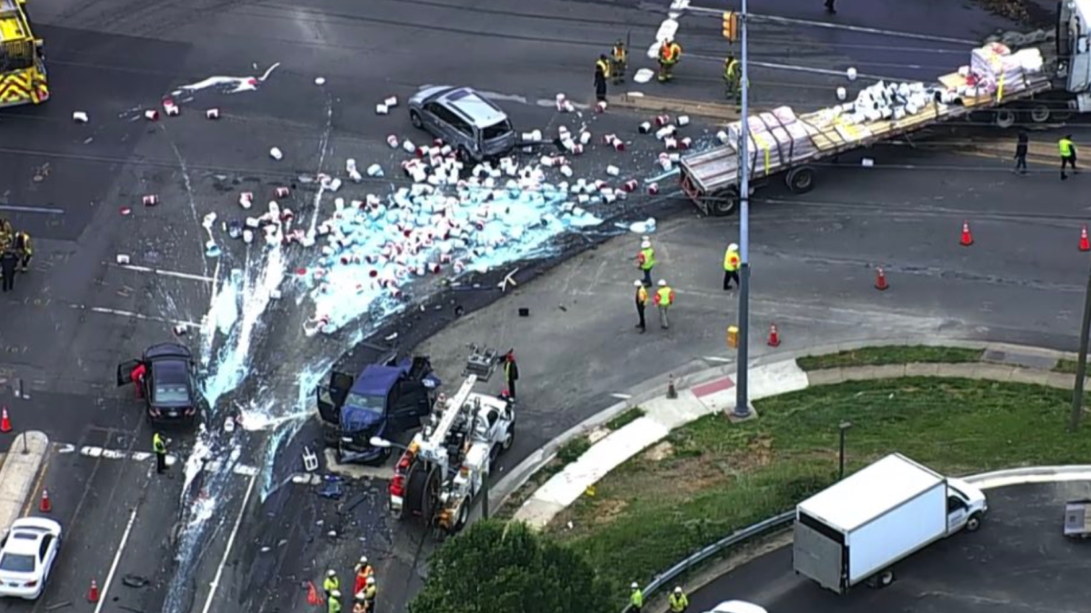10Vehicle Crash in Woodbridge Leaves Road Streaked With Blue Paint