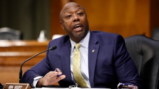 In this May 7, 2020, file photo, Sen. Tim Scott, R-S.C., speaks during a Senate Health Education Labor and Pensions Committee hearing on new coronavirus tests on Capitol Hill in Washington, D.C.
