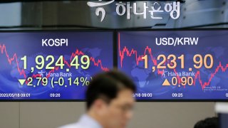 In this May 18, 2020, file photo, a currency trader walks near the screens showing the Korea Composite Stock Price Index (KOSPI), left, and the foreign exchange rate between U.S. dollar and South Korean won at the foreign exchange dealing room in Seoul, South Korea.