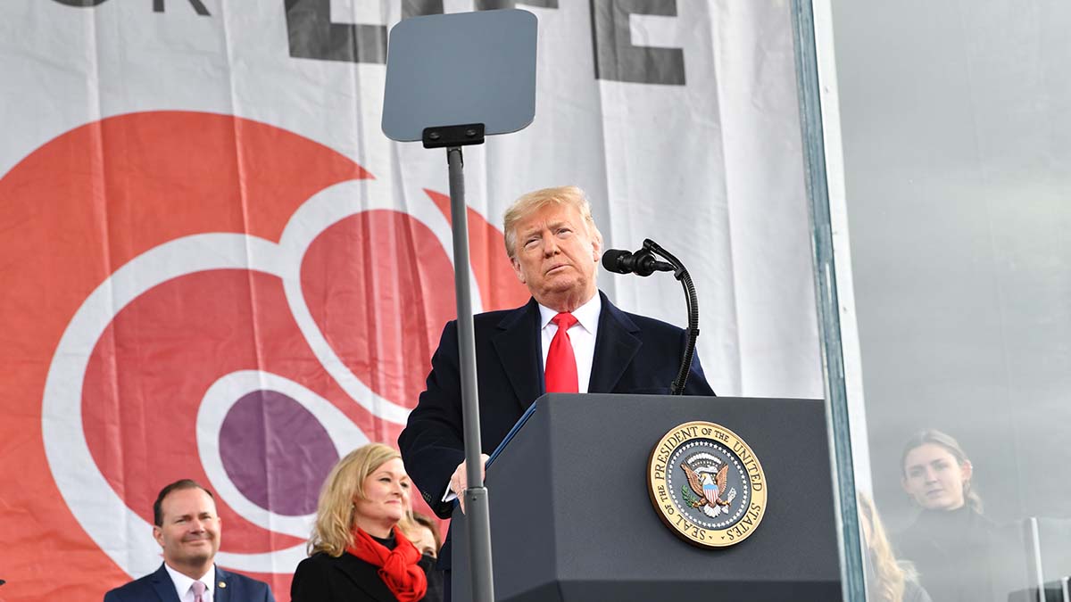 US President Donald Trump speaks during the 47th annual “March for Life” in Washington, DC, on January 24, 2020. – Trump is the first US president to address in person the country’s biggest annual gathering of anti-abortion campaigners. (Photo by Nicholas Kamm / AFP) (Photo by NICHOLAS KAMM/AFP via Getty Images)