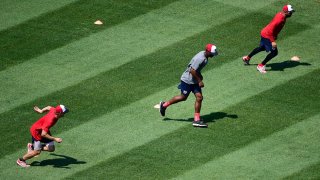 Andrew Stevenson, Michael A. Taylor and Anibal Sanchez of the Washington Nationals work out during the first day of summer workouts at Nationals Park.