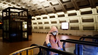 Woman in Metro station in face mask and gloves
