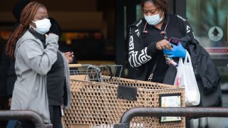 Women at grocery store with masks