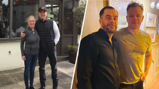 Matt Damon has been an unlikely long-term guest for residents of Dalkey, Ireland. Damon poses with cafe owner Mary Caviston, left, and in Ouzos Steak & Seafood Restaurant, right.