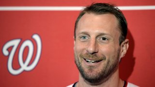 Washington Nationals pitcher Max Scherzer talks with members of the media during the team’s “Winterfest” baseball fan festival, Saturday, Jan. 11, 2020 in Washington.