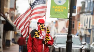 Man with Maryland flag and American flag