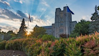 Virginia Tech campus with sunset