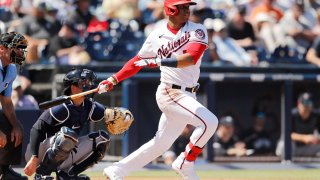 Juan Soto at bat against the New York Yankees during a Grapefruit League spring training game.