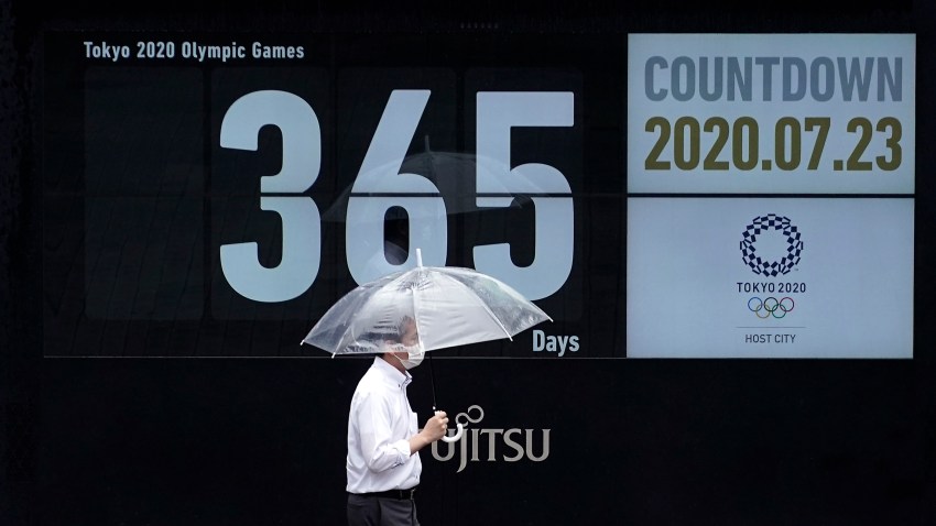 A man wearing a mask against the spread of the new coronavirus walks in front of a countdown calendar showing 356 day to start Tokyo 2020 Olympics Thursday, July 23, 2020, in Tokyo. The postponed Tokyo Olympics have again reached the one-year-to-go mark.