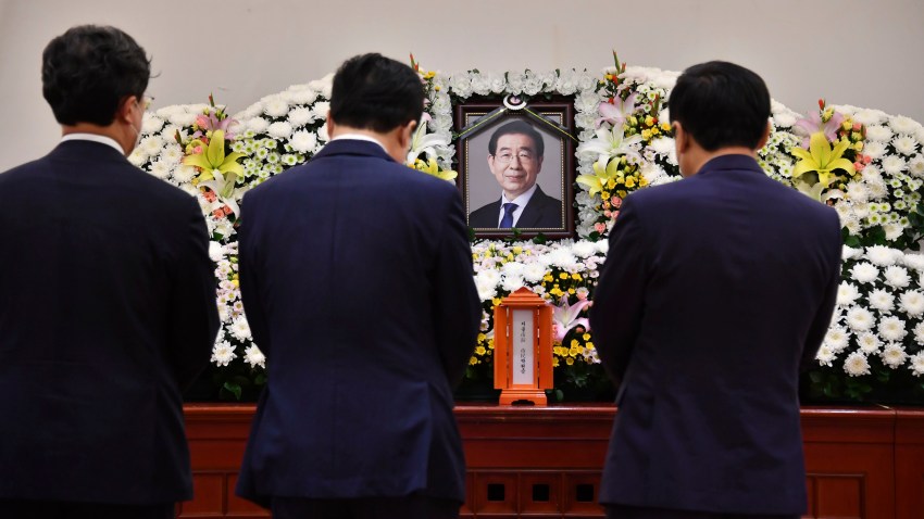 In this photo provided by Seoul Metropolitan Government, a portrait of the deceased Seoul Mayor Park Won-soon is placed at a hospital in Seoul, South Korea, Friday, July 10, 2020. Park left a note saying he felt “sorry to all people” before he was found dead early Friday, officials in the South Korean capital said as people began mourning the liberal legal activist seen as a potential presidential candidate.