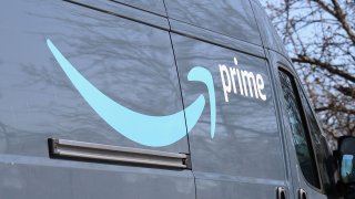 An Amazon delivery truck seen on March 18, 2020, in Plainview, N.Y.