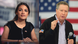 Rep. Alexandria Ocasio-Cortez, left, and former Ohio Gov. John Kasich, right.