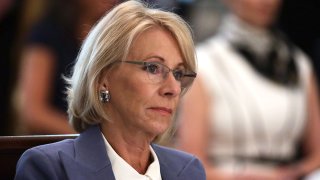 U.S. Secretary of Education Betsy DeVos listens during a cabinet meeting in the East Room of the White House on May 19, 2020, in Washington, D.C.