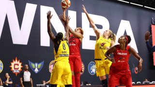 Tianna Hawkins #21 of the Washington Mystics shoots the ball against the Indiana Fever on August 9, 2020 at Feld Entertainment Center in Palmetto, Florida.