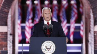 U.S. Vice President Mike Pence speaks during the Republican National Convention at Fort McHenry National Monument and Historic Shrine in Baltimore, Maryland, U.S., on Wednesday, Aug. 26, 2020. Pence will make the case for a second term for himself and President Trump today capping a night at the convention designed to emphasize the military, law enforcement and public displays of patriotism.
