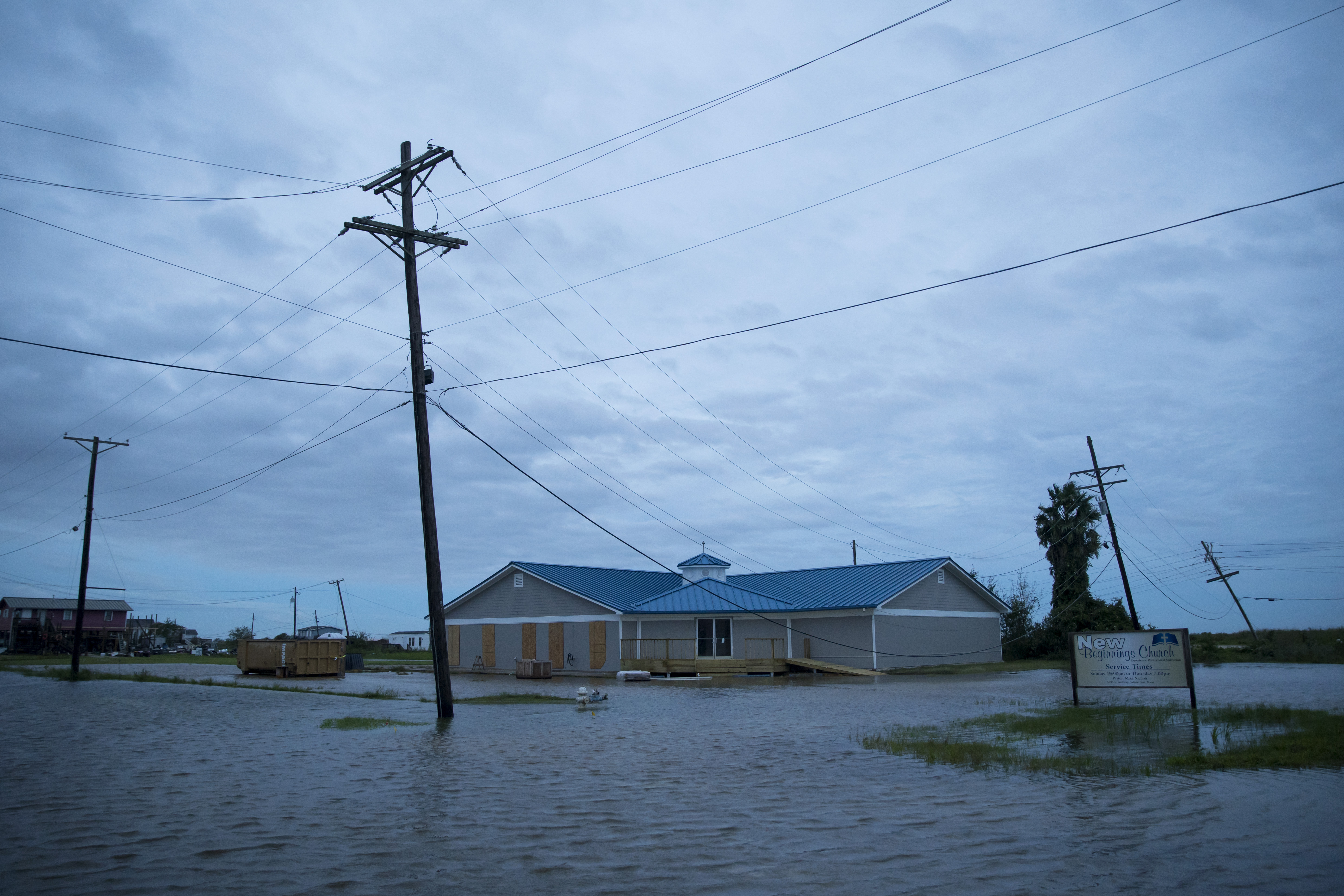 Floodwater caused by Hurricane Laura on Aug. 27, 2020, cover the streets in Sabine Pass, Texas. Hurricane Laura came ashore bringing rain and high winds to the eastern part of the state.