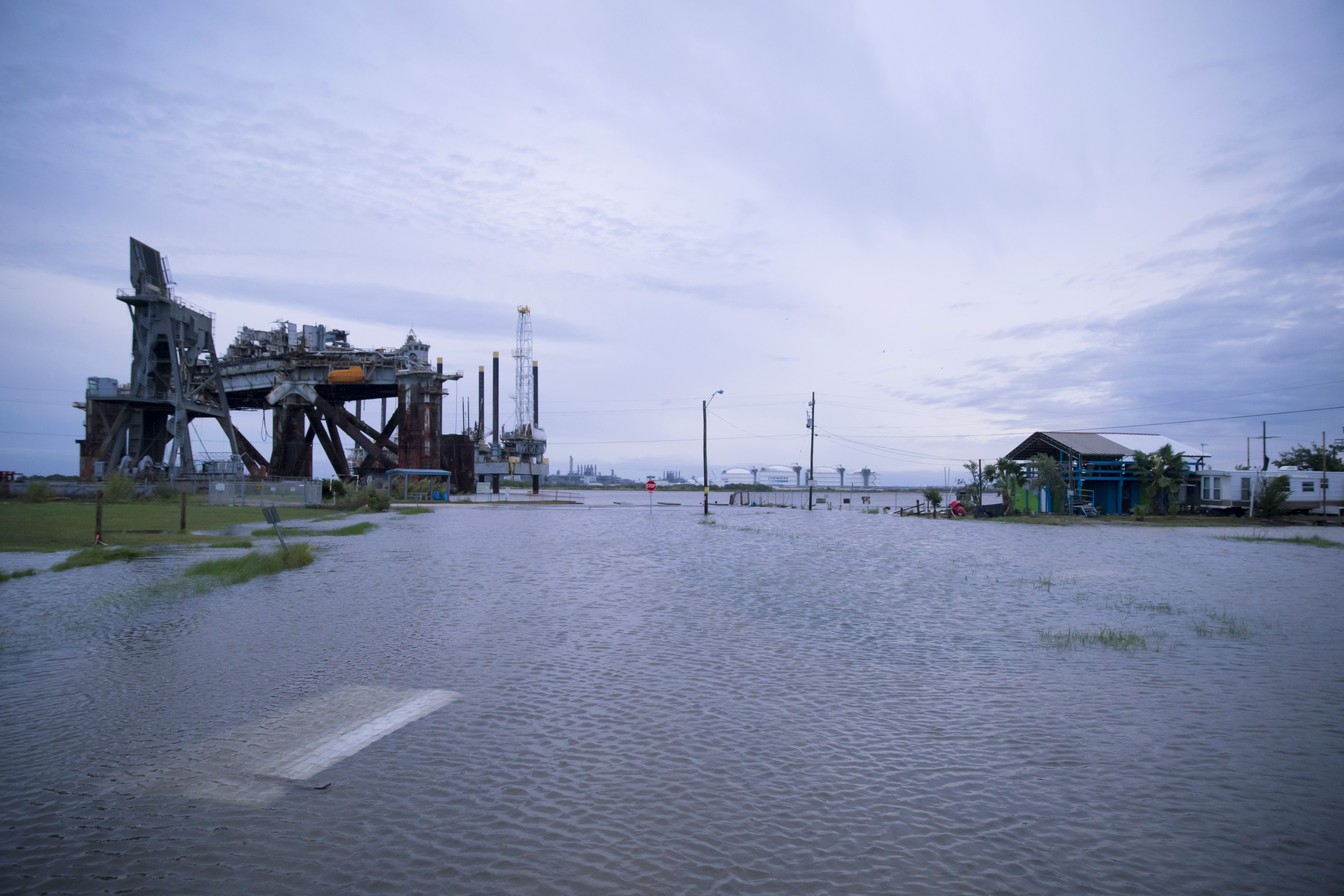 Flooding caused by Hurricane Laura  on Aug. 27, 2020, overwhelm streets in Sabine Pass, Texas. Hurricane Laura came ashore bringing rain and high winds to the eastern part of the state.