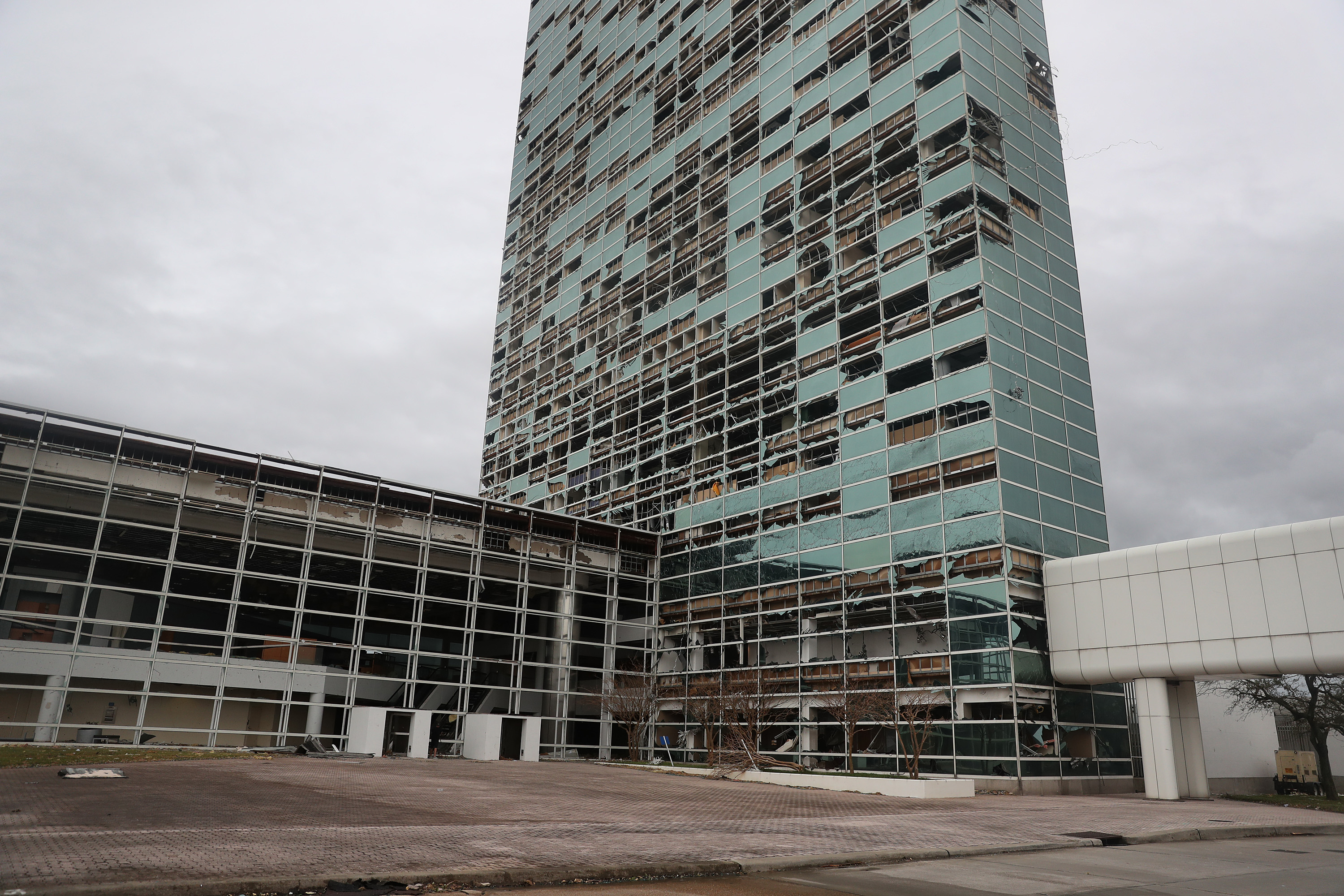 The Capital One Bank Tower is seen with its windows blown out in the downtown area after Hurricane Laura passed through on Aug. 27, 2020, in Lake Charles, Louisiana. The hurricane hit with powerful winds causing extensive damage to the city.