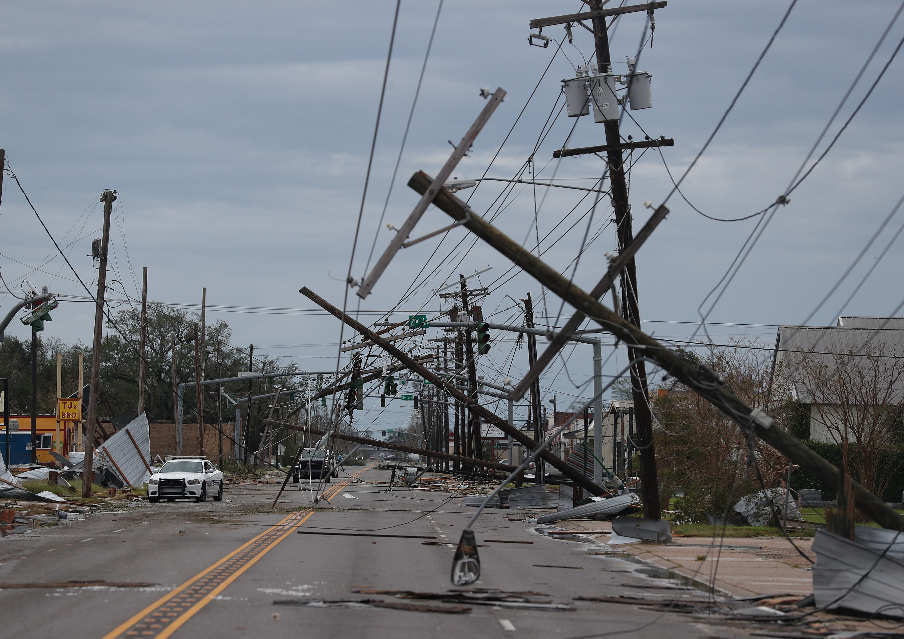 A street is seen strewn with debris and downed power lines after Hurricane Laura passed through the area on Aug. 27, 2020, in Lake Charles, Louisiana.