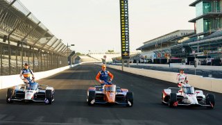 Marco Andretti, right, poses, with Scott Dixon, of New Zealand, center and Takuma Sato, of Japan, during the front row photos session for the Indianapolis 500 auto race at Indianapolis Motor Speedway in Indianapolis, Monday, Aug. 17, 2020.