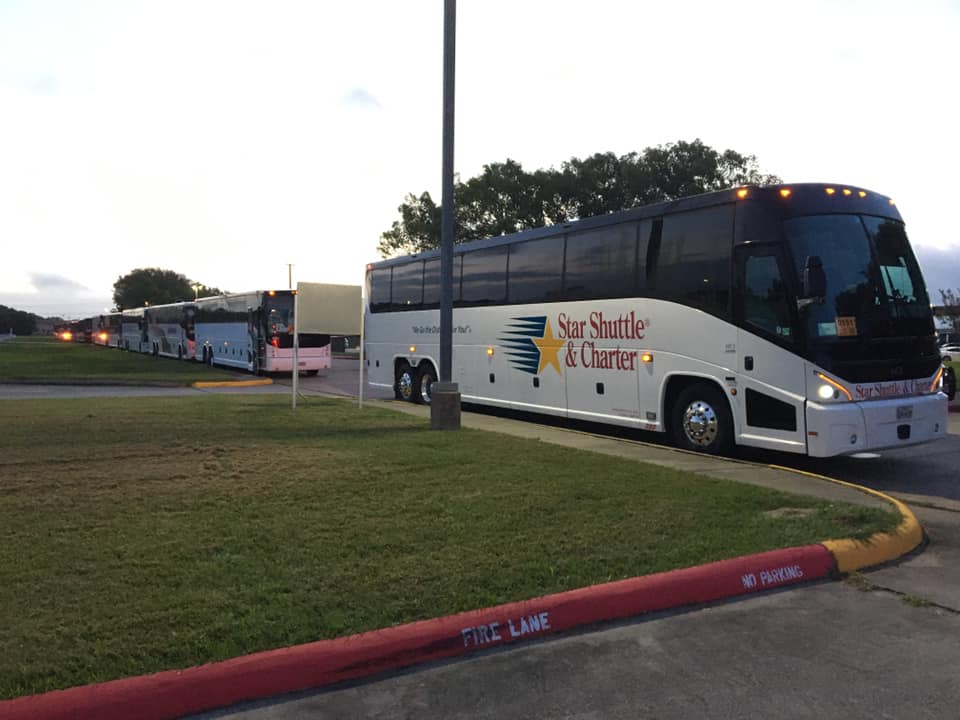 Buses standby to take evacuees away from Port Arthur ahead of Hurricane Laura.