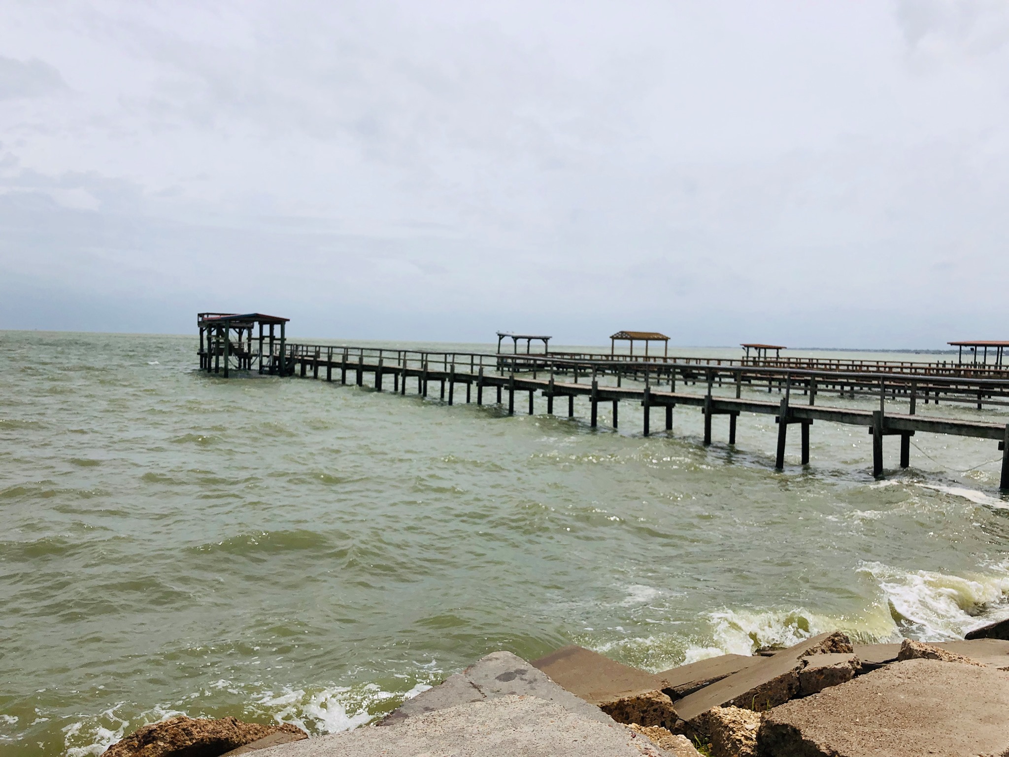 Here is a look at the Kemah Boardwalk area.  Waters a little choppy.  Saw a couple of onlookers still deciding if they stay or go.