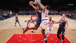 Bradley Beal shoots the ball against the New York Knicks on March 10, 2020, at Capital One Arena in Washington, D.C.