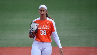 ROSEMONT, ILLINOIS - AUGUST 29: Cat Osterman #38 of Team Warren prepares to pitch in the first inning against Team Fagan at Parkway Bank Sports Complex on August 29, 2020 in Rosemont, Illinois.