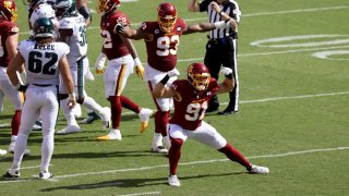 Ryan Kerrigan, #91, celebrates after a play against the Philadelphia Eagles Sept. 13, 2020.