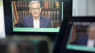 Jerome Powell, chairman of the Federal Reserve, speaks during the Jackson Hole economic symposium seen on a laptop computer in Tiskilwa, Illinois, Aug. 27, 2020.