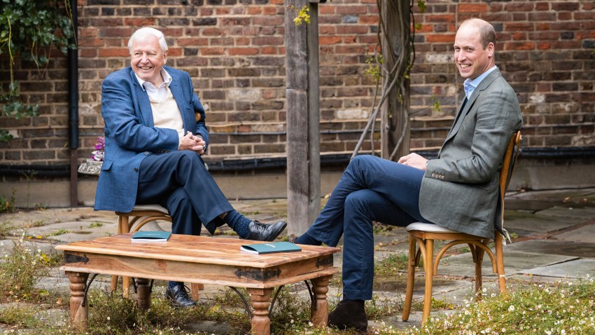 In this undated photo provided by Kensington Palace on Wednesday, Oct. 7, 2020, Britain's Prince William, right and Naturalist Sir David Attenborough react as they disicuss the Earthshot Prize at Kensington Palace, in London. Prince William has launched the most prestigious global environment prize in history to tackle climate issues.